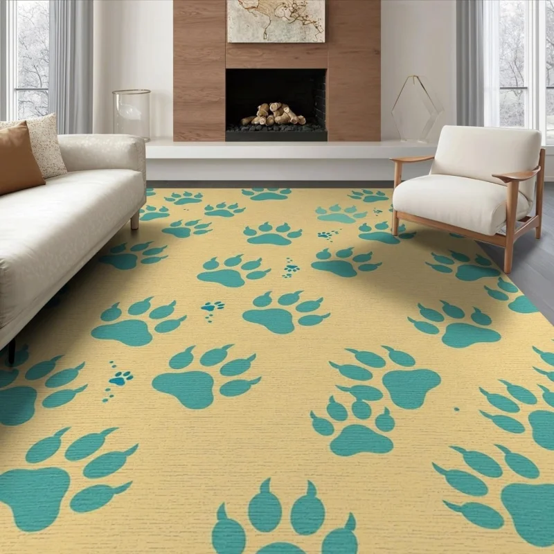 Animal Paw Print Area Rug Teal Blue Paw Mark on Beige Background Soft Floor Mat Pet Carpet for Living Room Bedroom Home Decor