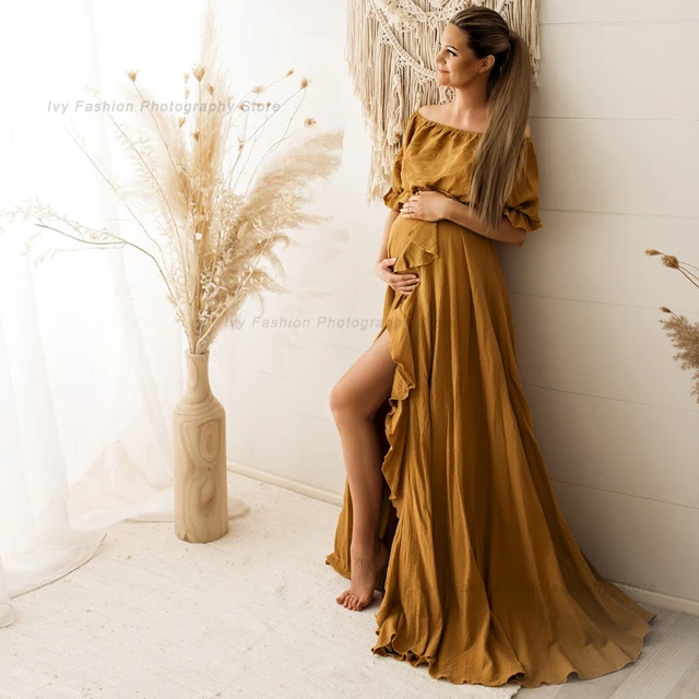 Vestido bohemio de embarazo con abertura lateral y volantes