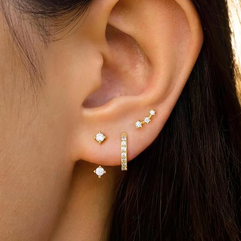 Gold Stud Earrings Set for Women 3pcs Huggie Hoop Jacket Stack for Multiple Piercing Hypoallergenic 925 Sterling Silver Jewelry