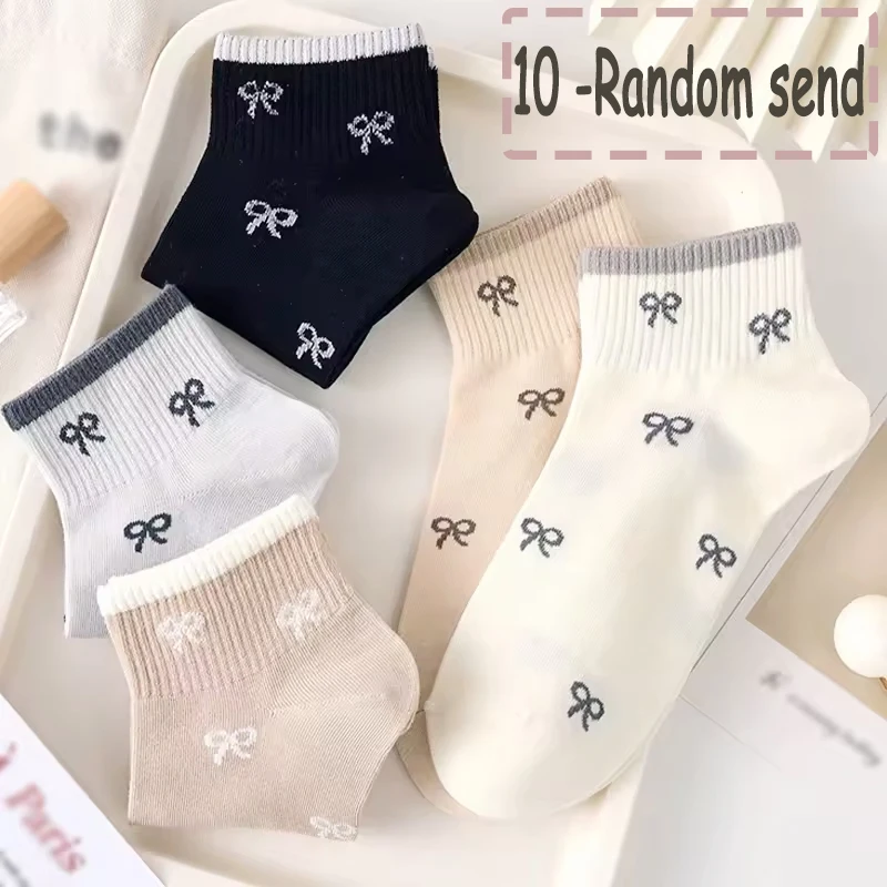 10 Pairs Mixed Ribbedmouth Bow Jacquard Short Socks with Soft Sweet Giving Splicing Color Suitable for Women's Casual Wearing