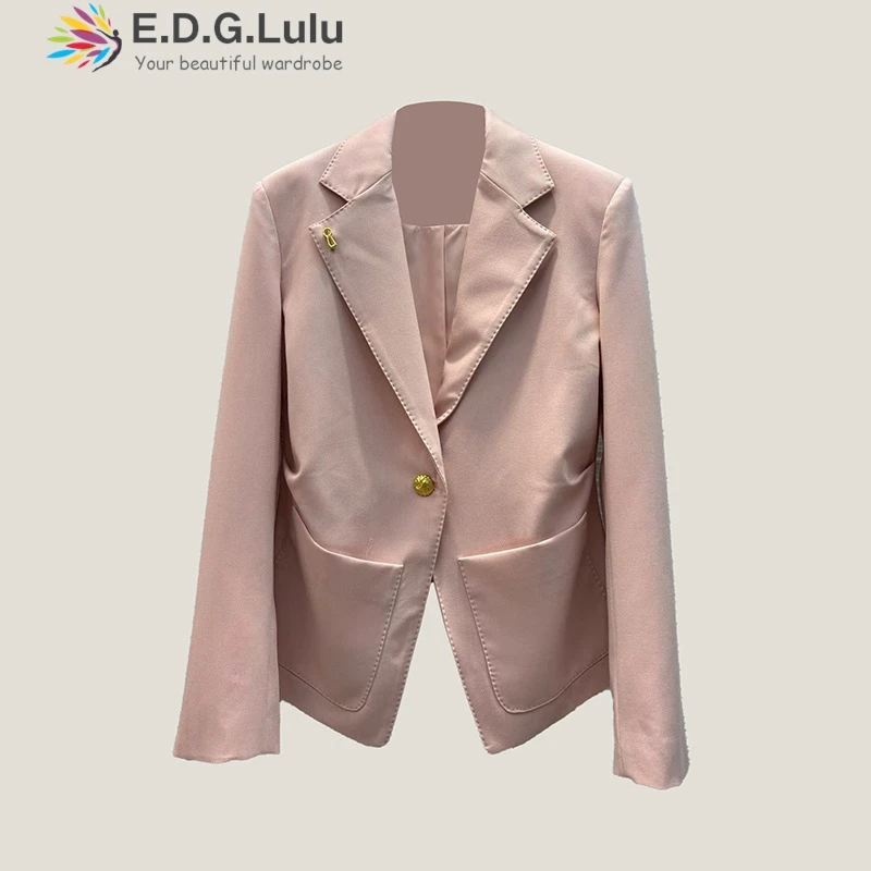 EDGLuLu Two Piece Outfits Woman Turn-Down Collar Long Sleeved Slim Fit Jacket+High Waisted Single Breasted Skirt Pink Suit 0927