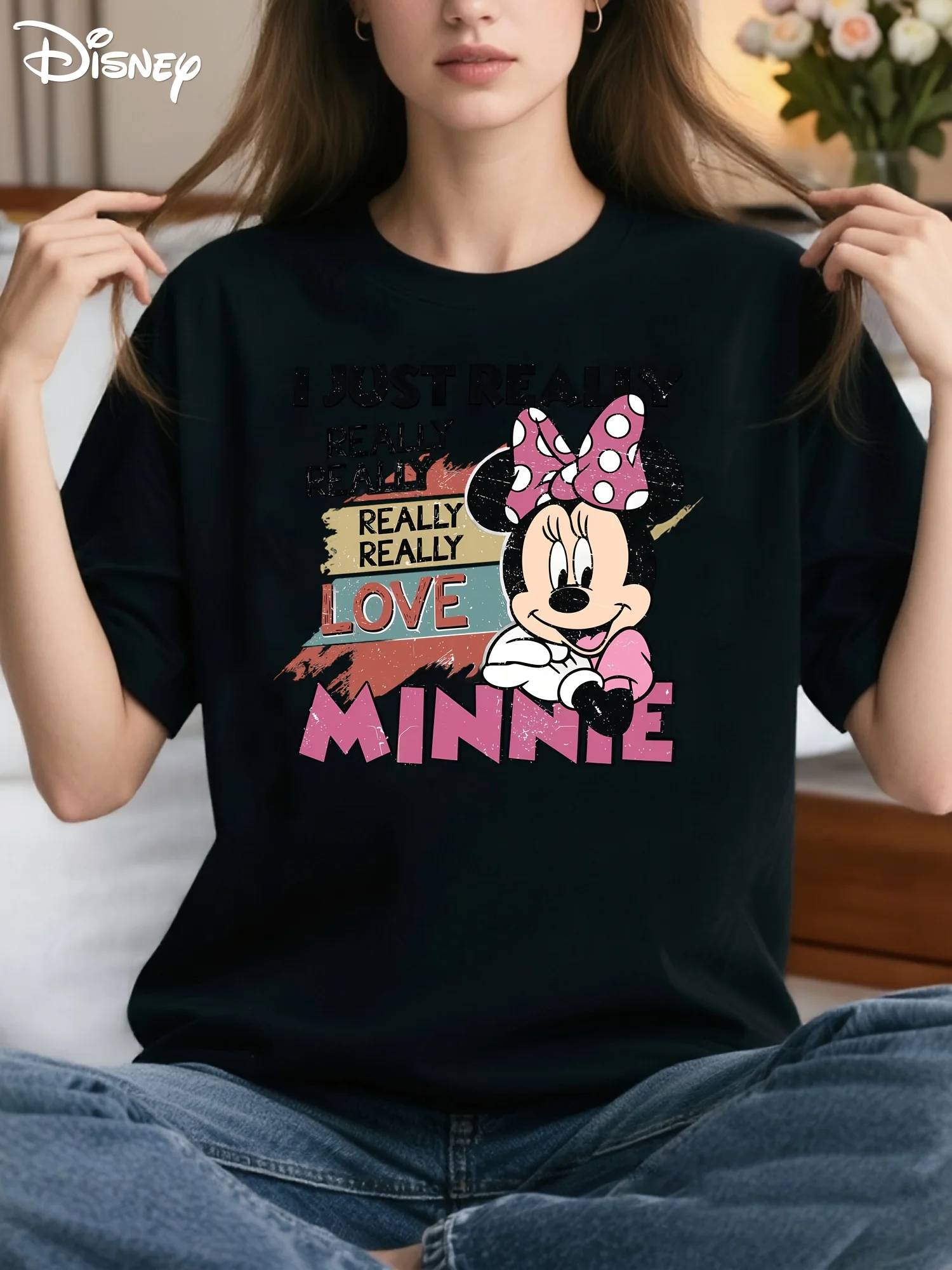 

Футболка с узором Минни Диснея — повседневная футболка с круглым вырезом «I Really Love Minnie» с бантом и ушками Минни, мягкая и дышащая ткань