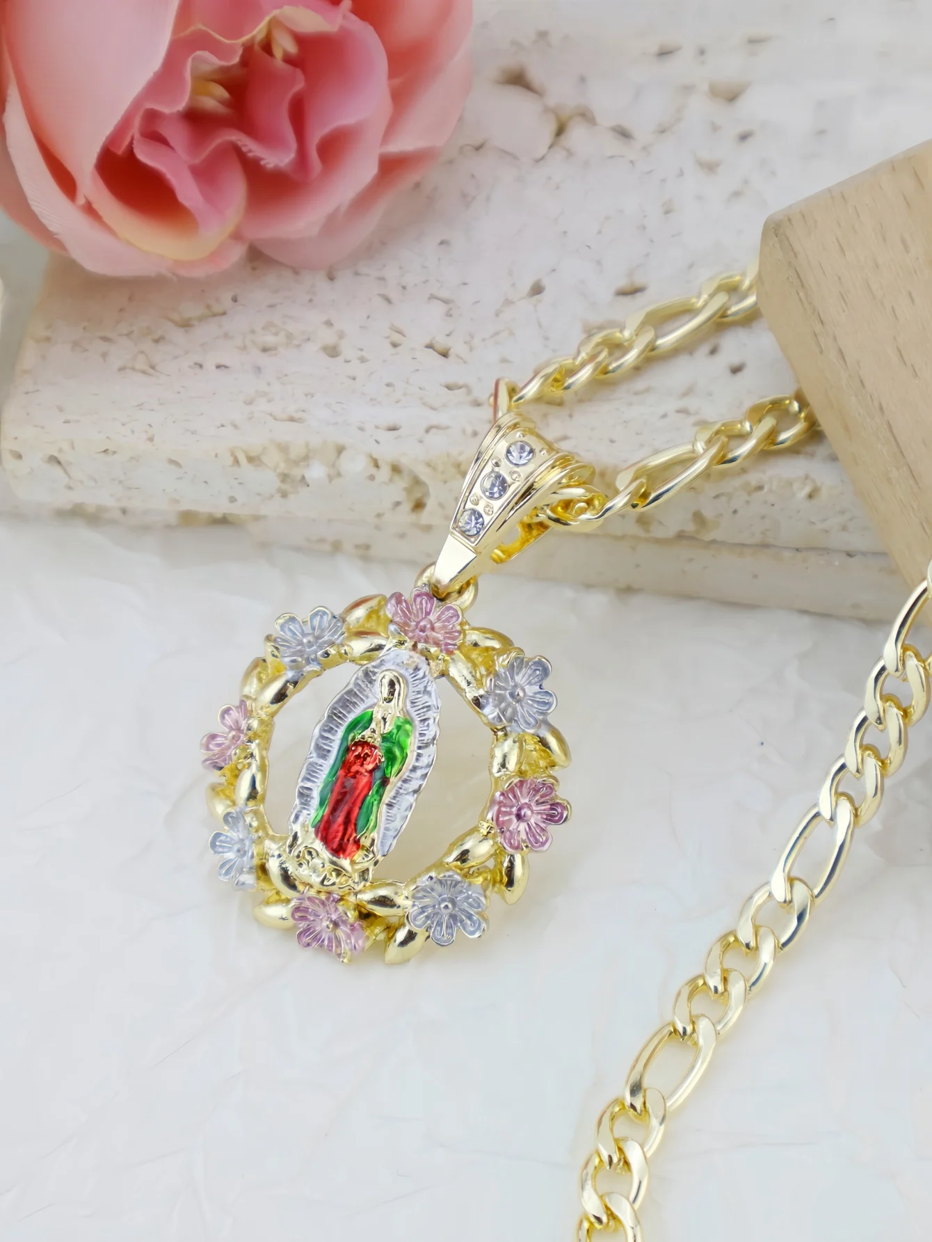 Tricolor Our Lady of Guadalupe Virgin Mary Pendant Green St. Jude Necklace Saint Jude Gold-Plated Mexican Jewelry