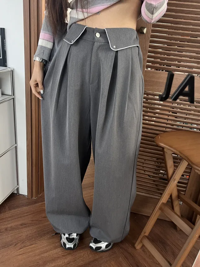 

Брюки женские прямые с высокой талией, широкие, эластичные, в корейском стиле, повседневные, из смесового хлопка, с драпировкой и складками