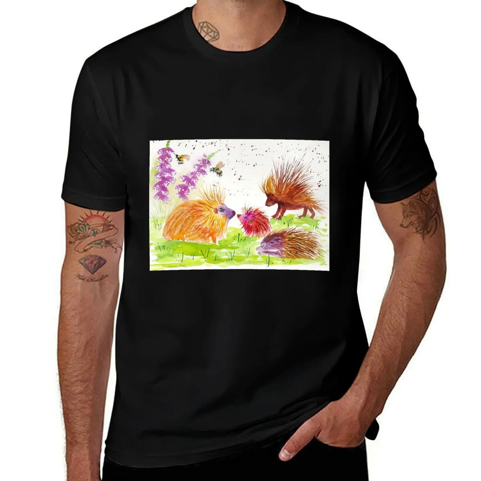 Colorful Porcupines among flowers T-Shirt Large Size Casual Tee Shirt T-Shirt