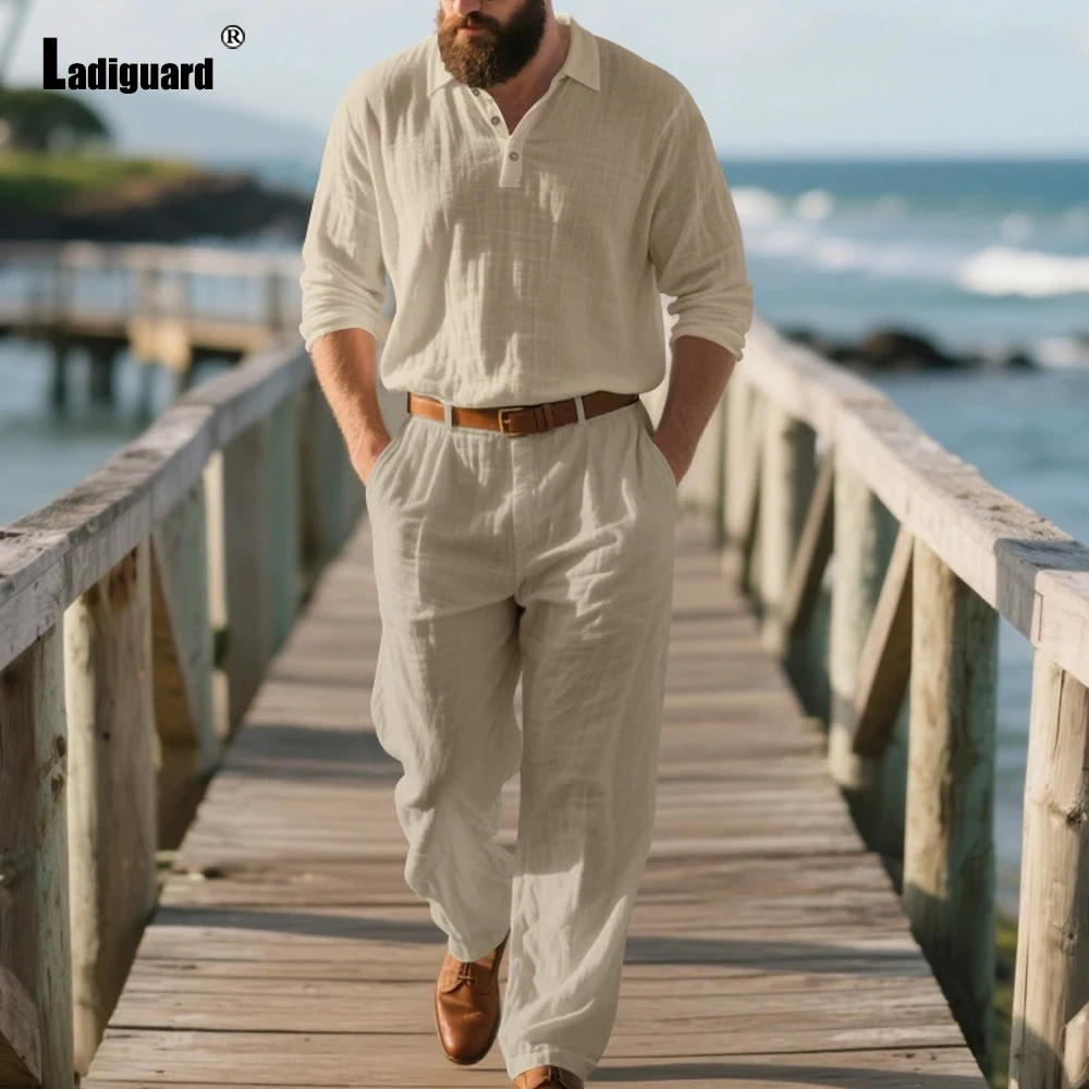 European 2025 Mens Casual Linen Two Piece Sets White Notched Top Pollovers and Straight Pants Suit Male Beach Tracksuits Set New