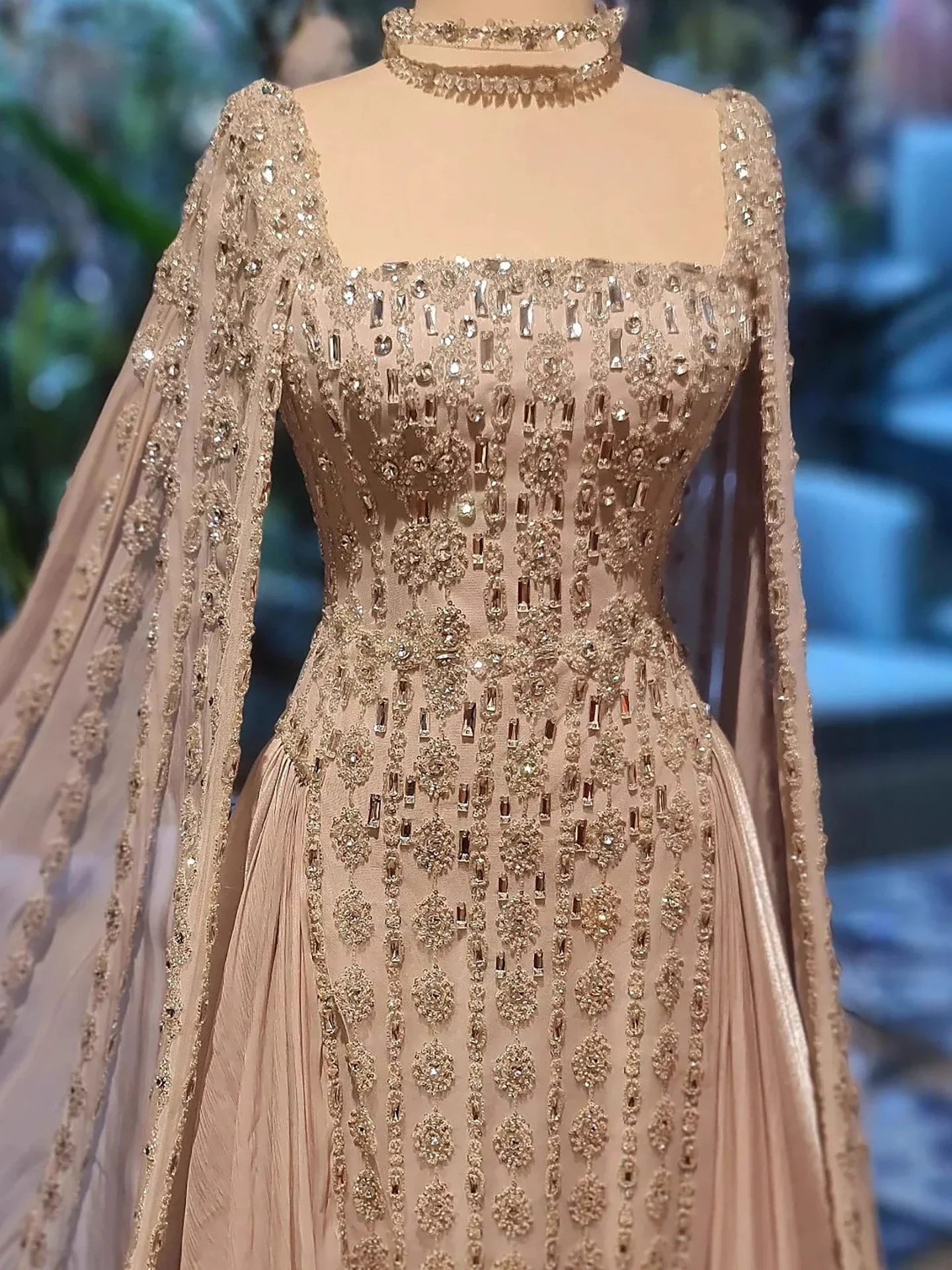 Customized Shining Rhinestones Luxury Prom Dresses Cape Sleeve Evening Dresses Exquisite Crystals Wedding Guest Dresses