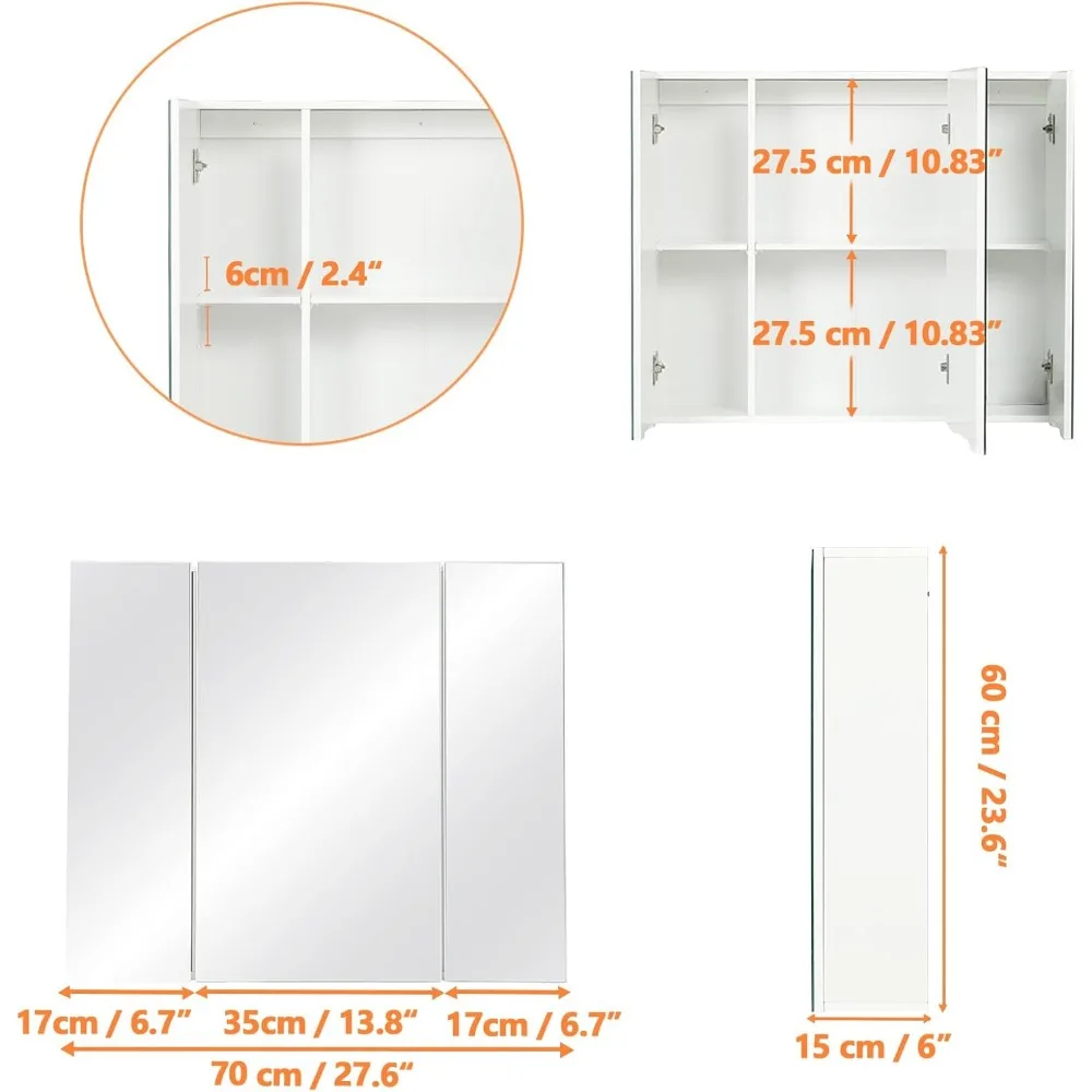 Medicine Cabinet Bathroom Mirror Cabinet with 3 Door 27.6x23.62 Inch Bathroom Wall Cabinet with Mirror Wall Mirror Storage Shelf