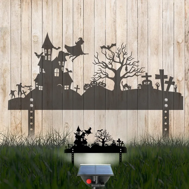 

Halloween Witch Castle Ornaments Black Projection Iron Metal Silhouette Outdoor Plug-in Decoration