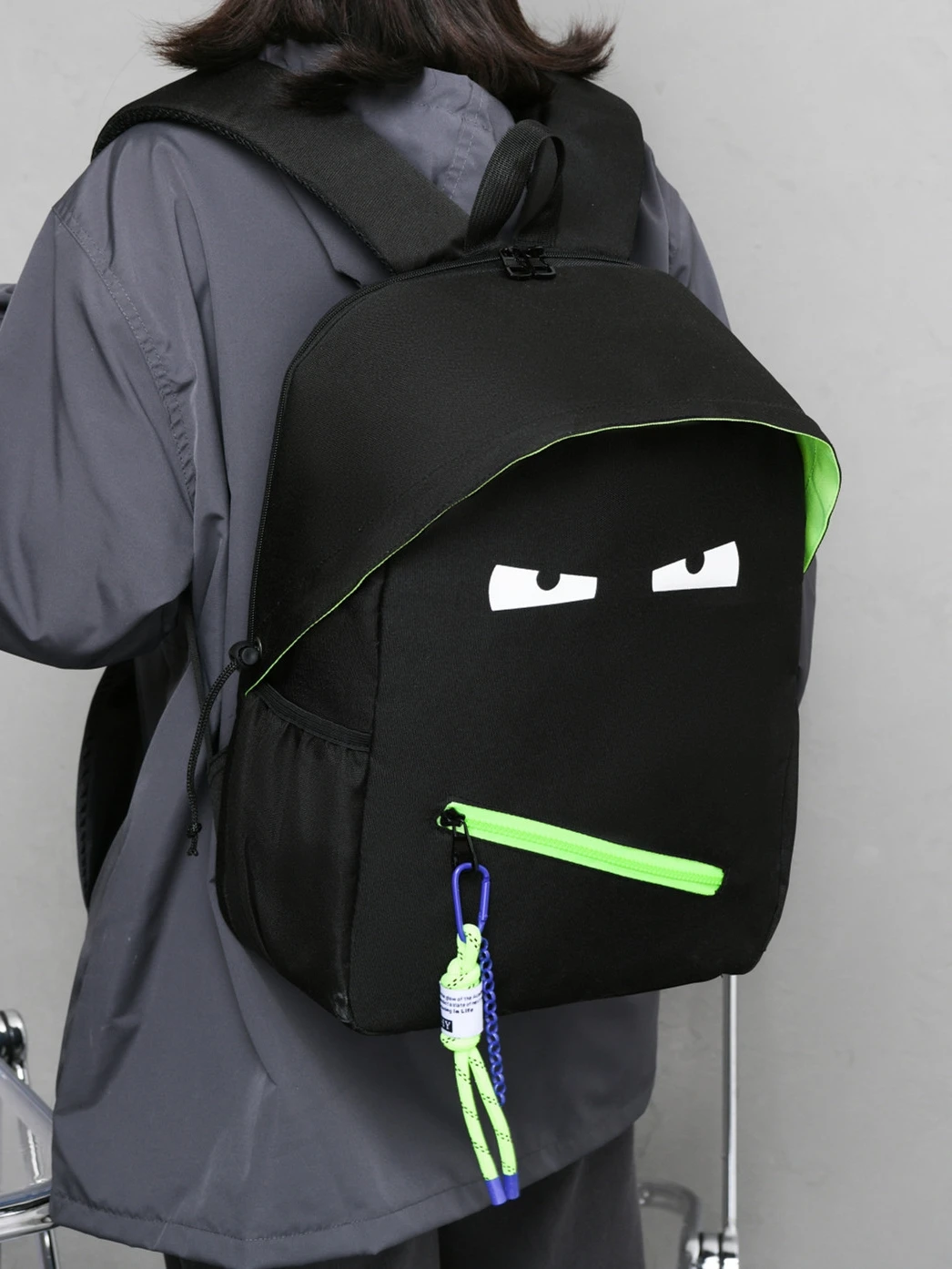 Mochila escolar feminina estudante do ensino médio mochila bonito Harajuku monstro preto grande capacidade luz lazer computador mochila