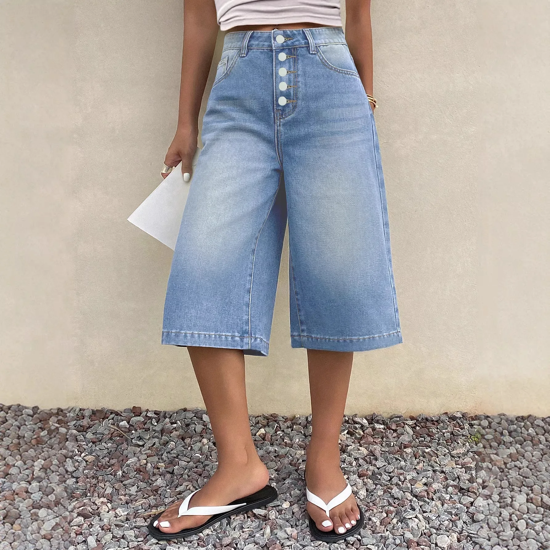 Retro American Style Seven-Quarter Length Gradual Color Wide Leg Jeans Unisex Clean Fit Couples Short Pants Trendy Casual Shorts