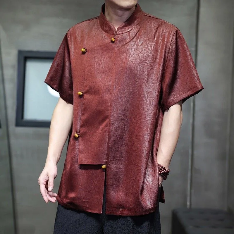 New Chinese Style Loose Short Sleeve Shirt Satin Ice Sensation Drapey Agate Button Embossed Design Casual Summer Youth Wear