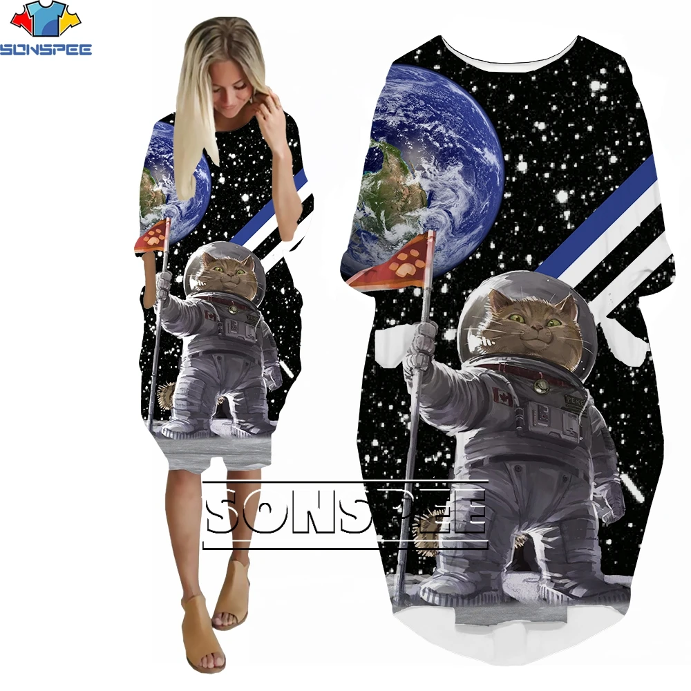 

SONSPEE Space Galaxy Hip Hop 3D Printed Long Sleeve Earth Moon Pattern Pocket Skirts Loose Dress Casual Robe Women Oversize Gown