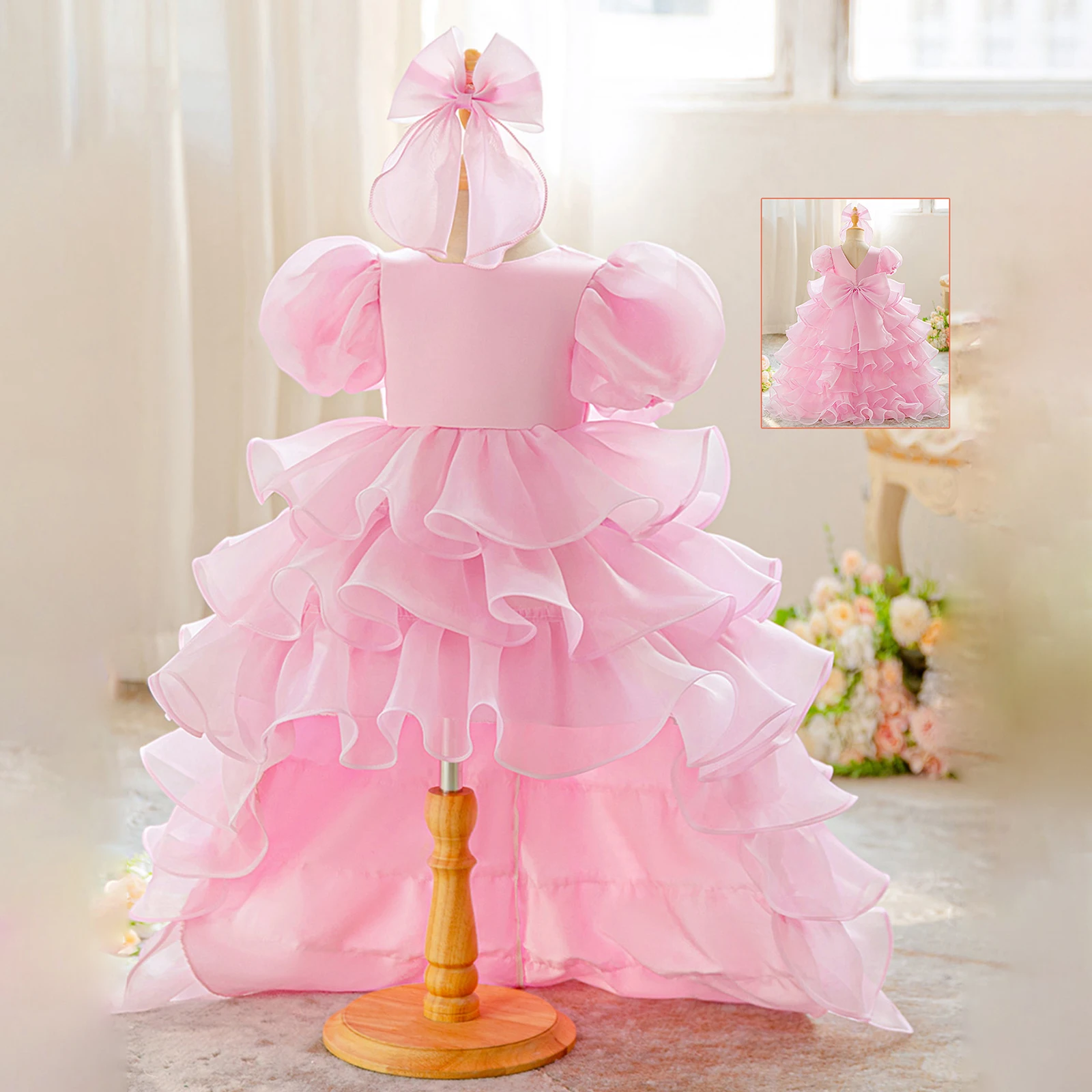 Kids Girl’s 2-piece Outfit, Puff Sleeve Layered A-line Dress with Bow Headband Summer Outfit
