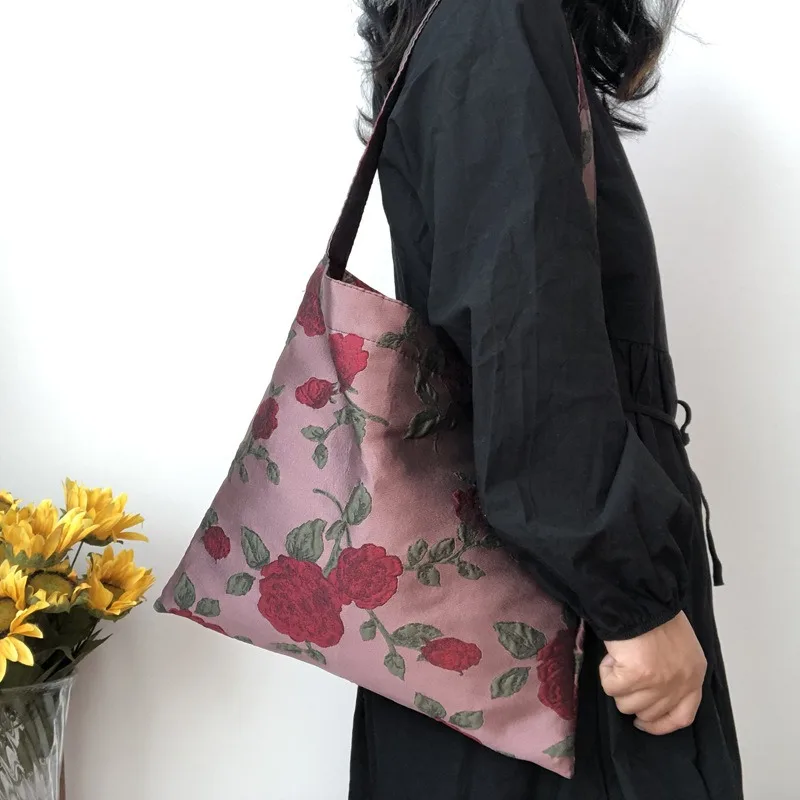 

Женские сумки BYMONDY в стиле ретро, ​​тканые сумки из жаккардовой ткани, сумки на плечо с ручкой, квадратная сумка с цветами розы, женские сумки-тоут для вечеринок