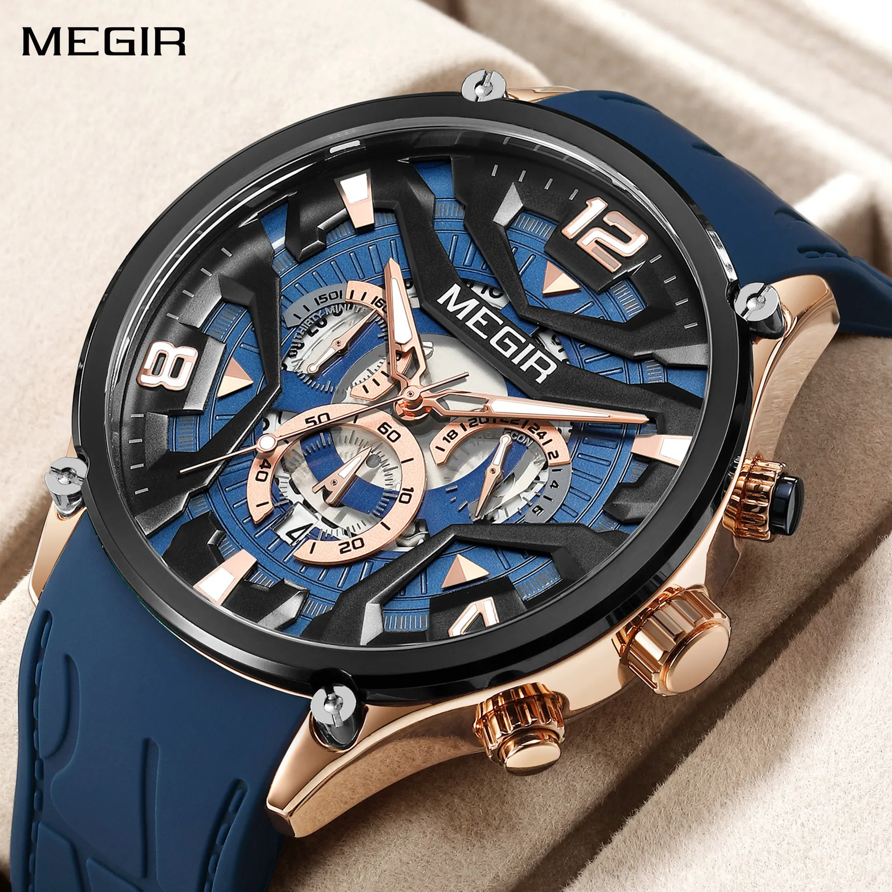 

MEGIR Men's Sports Chronograph Wrist Watch For Men Army Silicone strap Quartz Stop Watch Clock Man Relogios Masculino