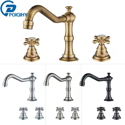 Antique Brass Bathroom Mixer Taps Widespread Basin Faucet Dual Handles Hot and Cold Tap Deck Mounted Brass Basin Sink Faucet