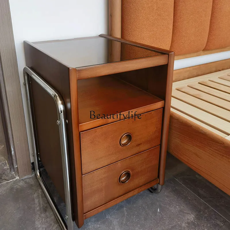

Nordic Mid-Ancient Solid Wood Bedside Cabinet Vintage Bedroom Stainless Steel Storage Cabinet Sofa Shelf