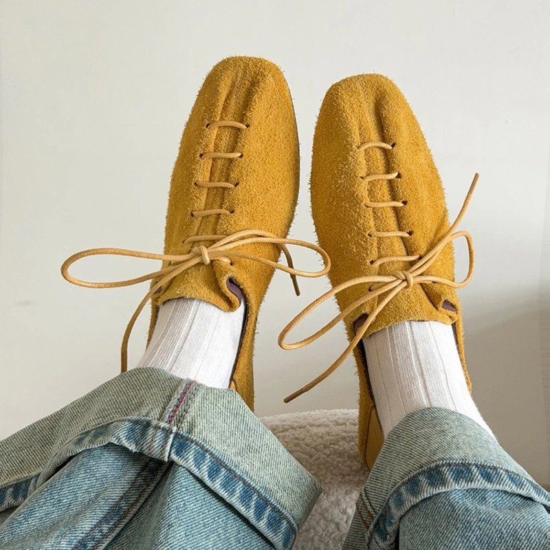 NEW Spring/Autumn Women Pumps Genuine Leather Shoes for Women Square Toe Low Heel Shoes Lace-up Women Loafers Soft Daily Shoes