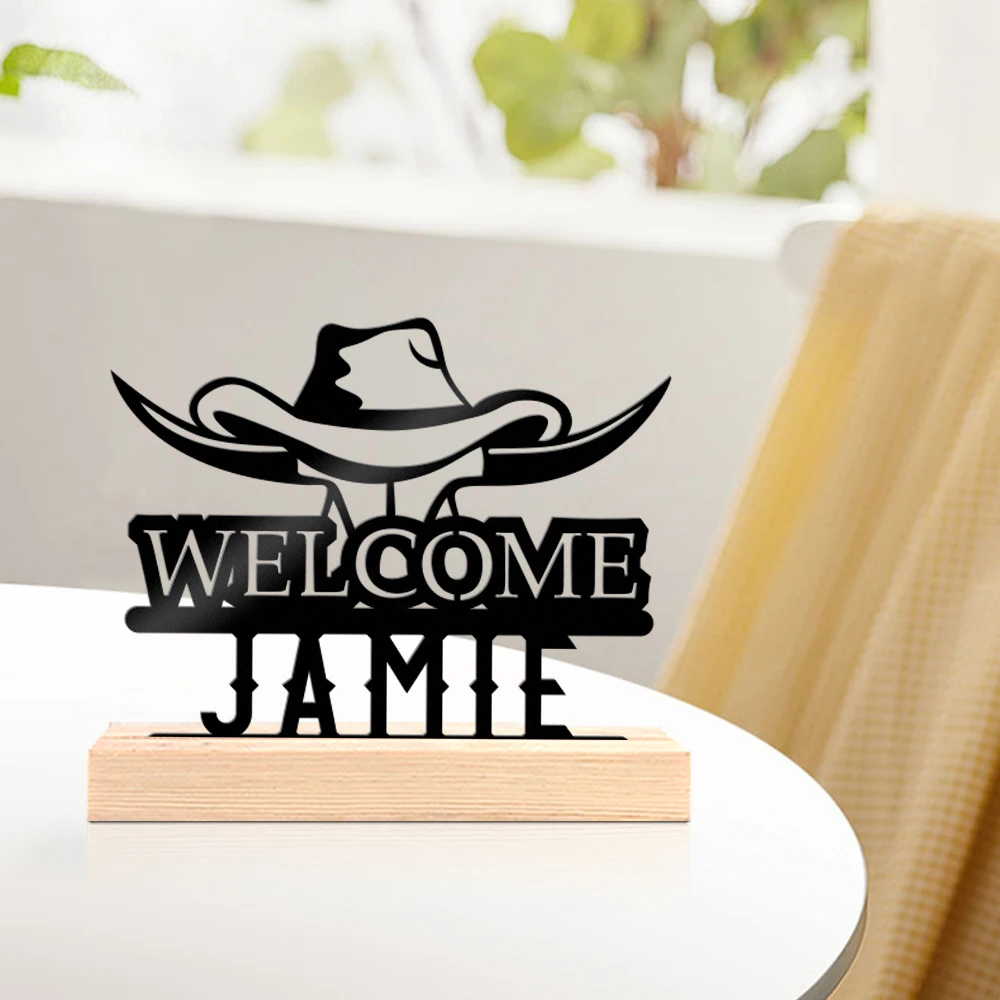 1pc Personalized Iron Desktop Ornament Customizable Content With Wooden Base Desktop Decorations,Office Decorations