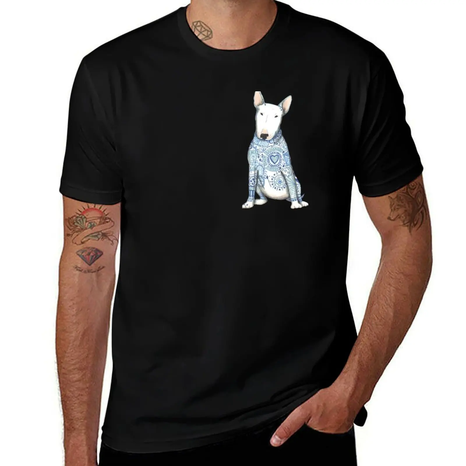 

English Bull Terrier, Beautiful Bully,with his best tattoos T-Shirt customs cotton man t-shirts Men's t shirts