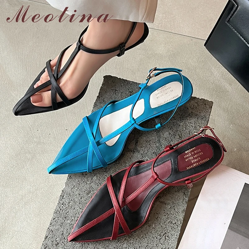 

Meotina Women Genuine Leather Sandals Pointed Toe Thin Mid Heels Buckle T-Tied Narrow Band Ladies Fashion Shoes Summer Blue 40