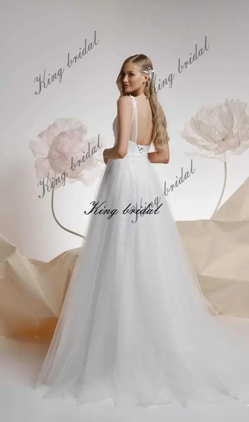 Brautkleider, drapiertes, individuelles Brautkleid, individuelles glitzerndes, gepunktetes Tüll-Hochzeitskleid, glitzernde Tüll-Hochzeitskleider, elegantes Korsett