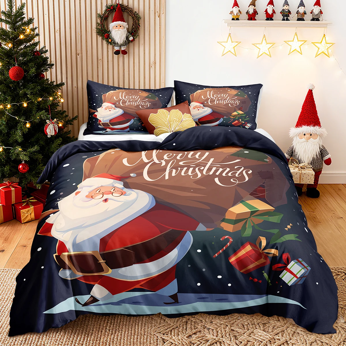 

3pcs/set Christmas Reindeer Snowman Bedding Set Includes 1 Duvet Cover And 2 Pillowcases Soft And Skin-Friendly