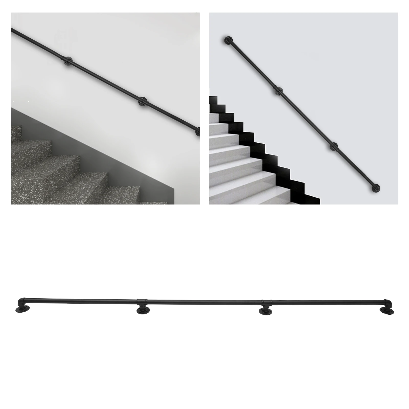 8FT/2.4M Metal Pipe Stair Handrail Wall Mount Non-Slip Safety Rail Black Industrial for Indoor Outdoor