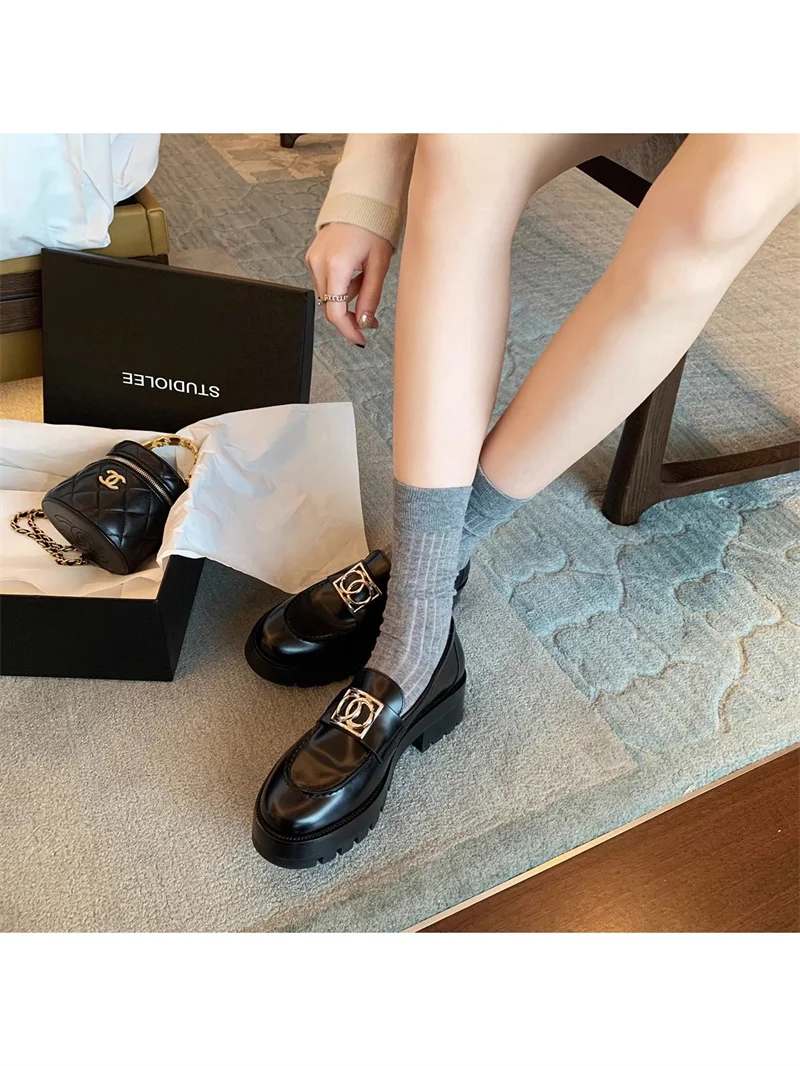 Fashion Punk Style Cow Leather Black Single Shoes Thick Platform Soft Sole Round Toe Comfort Low Top Casual Female Loafers