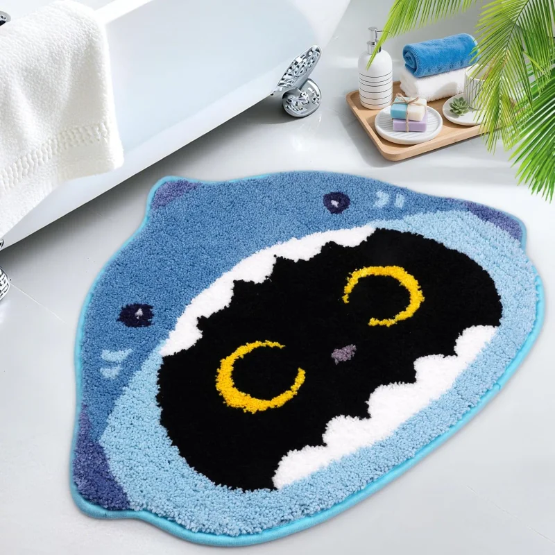 VIKAMA Non Slip Soft Fluffy Rug Cartoon Black White Kitten Face Shaped Mat Bathroom Door Balcony Kawaii Aesthetic Pet Home Decor