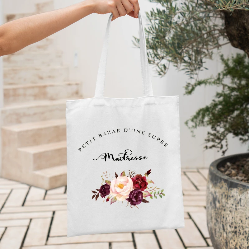 Bolso de mano con estampado de flores francesas para mujer, bolsa de compras de lona, estética