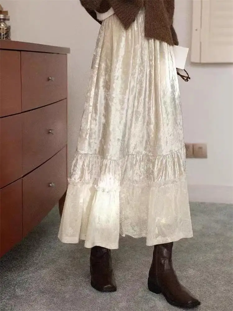 

Весна 2026: Женская бархатная юбка А-силуэта с высокой талией, длинная, для офиса, стройнящая, миди, светло-бежевая, повседневная