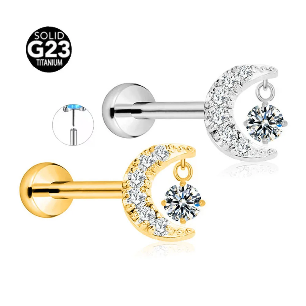 

ASTM F136 G23 Titanium Moon CZ Drop Threadless Piercing Daith Conch Tragus Flat Back Earring Pin Push in Lip Stud 16G 18G 20G