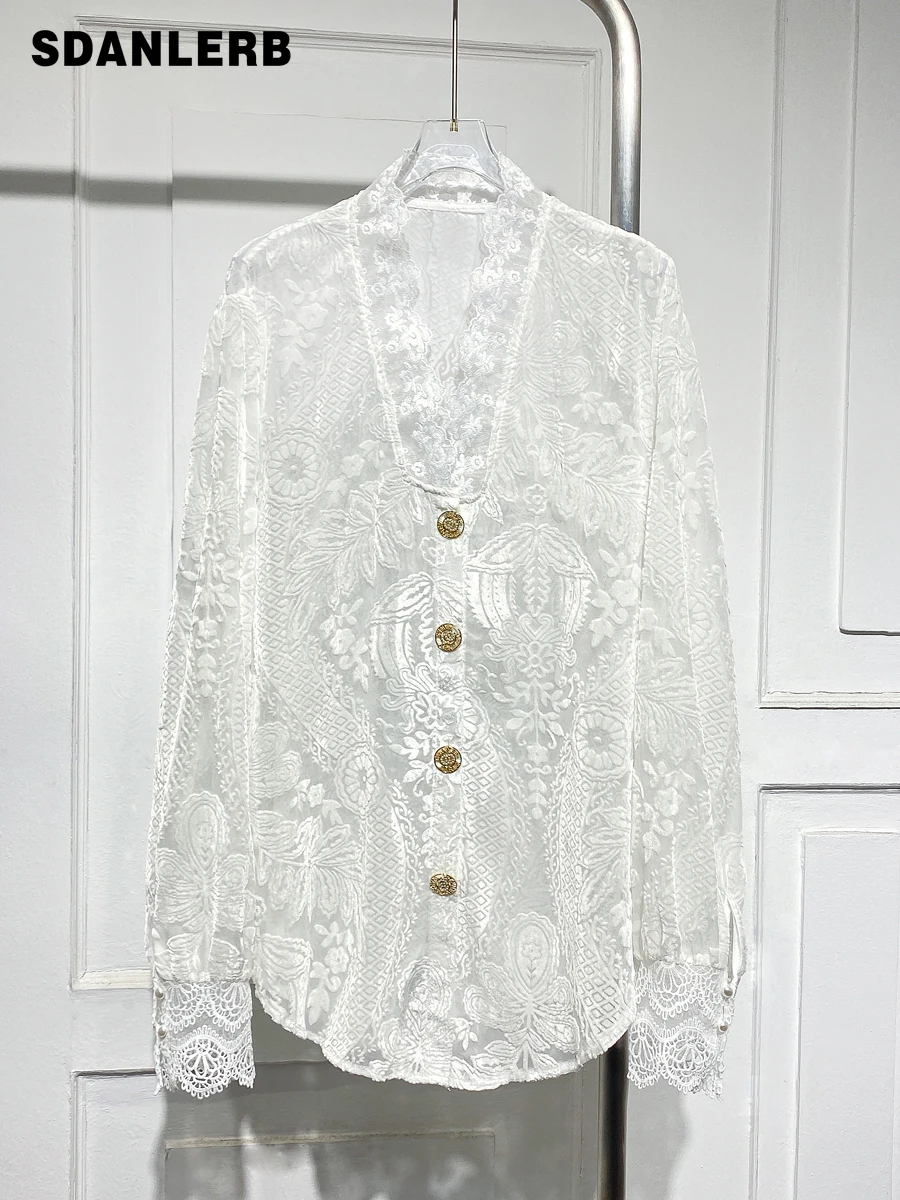 

Mid-Length V-neck Velvet Jacquard Shirt for Women 2023 Spring Autumn New Patchwork Lace Breasted Blouse Solid Color Loose Top