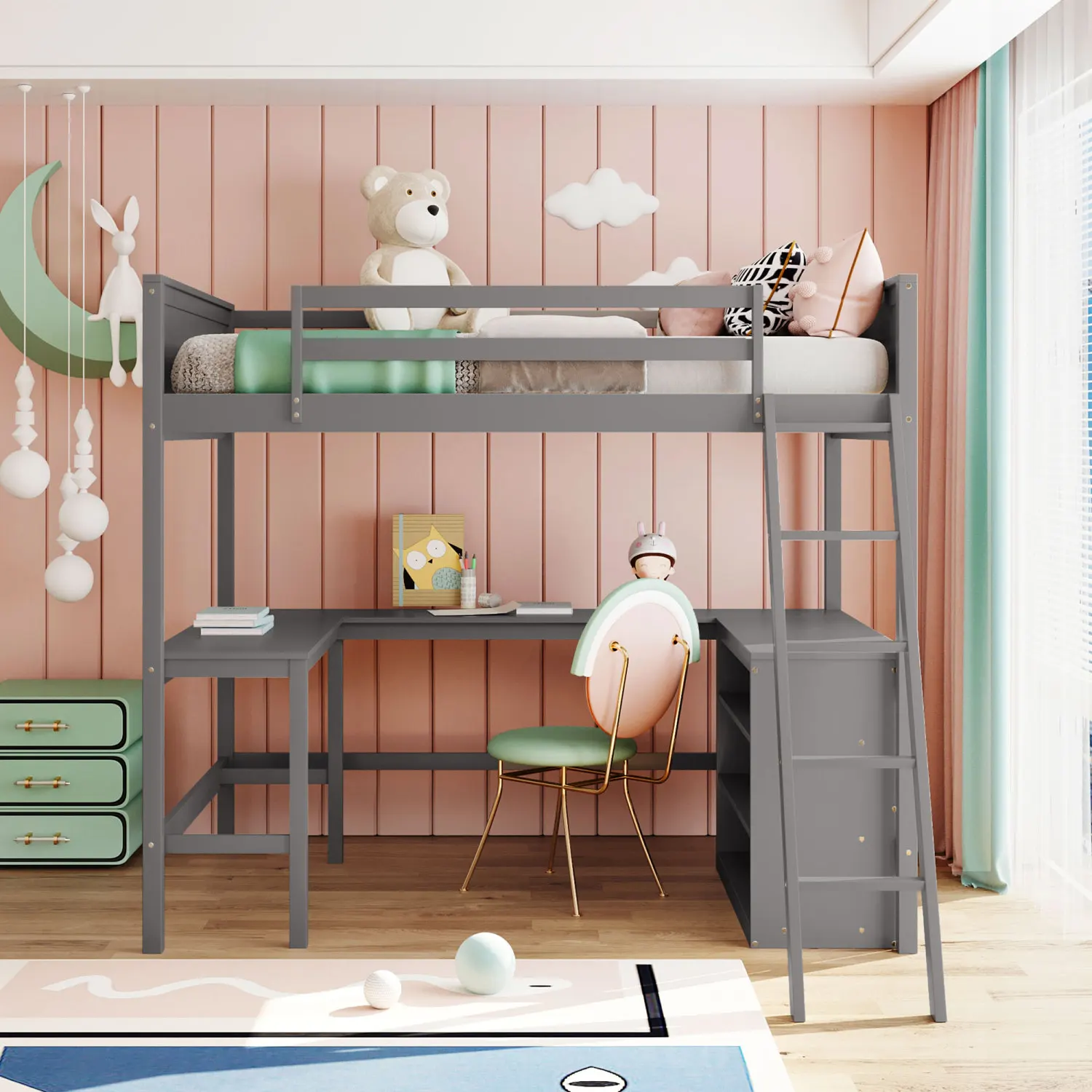 Full Size Loft Bed with Shelves and Desk, Gray Wooden Loft Bed - Optimized Storage Solution