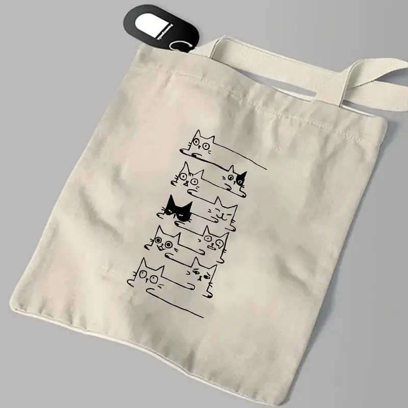 Minimalistische Canvas-Umhängetasche für Damen, süße Katzen-Druck-Einkaufstasche, wiederverwendbar, umweltfreundlich, Einkaufstasche für Schule, Reisen, Pendeln