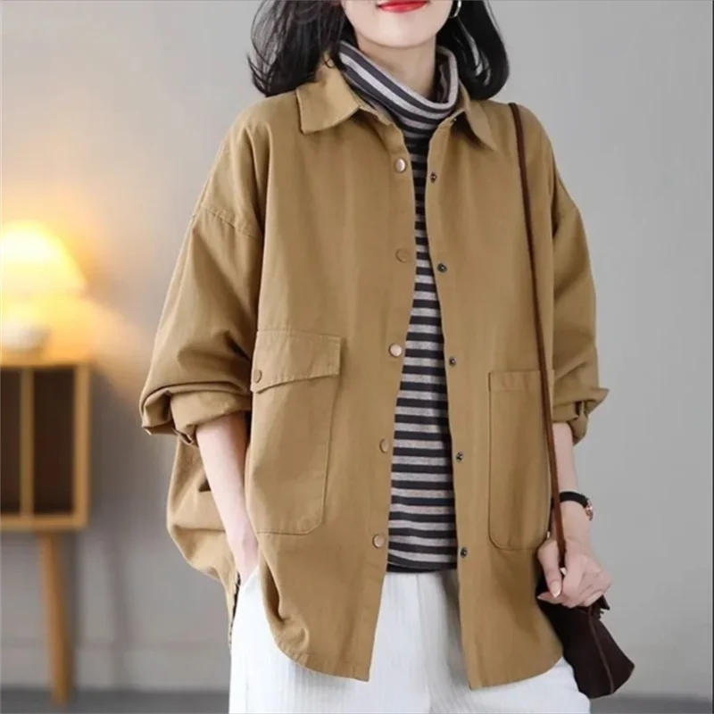 

Pure Cotton Loose Shirts Women's Blouse Chic Shirt Pocket Top Cardigan Outwear Shirts AsymmetrySpring Autumn Female Blous