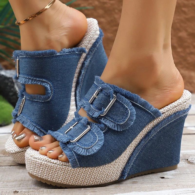 

Blue Denim Wedge Heels Sandals for Women 2026 Summer Double Buckle Chunky Platform Sandals Woman Designer High Heeled Sandalias