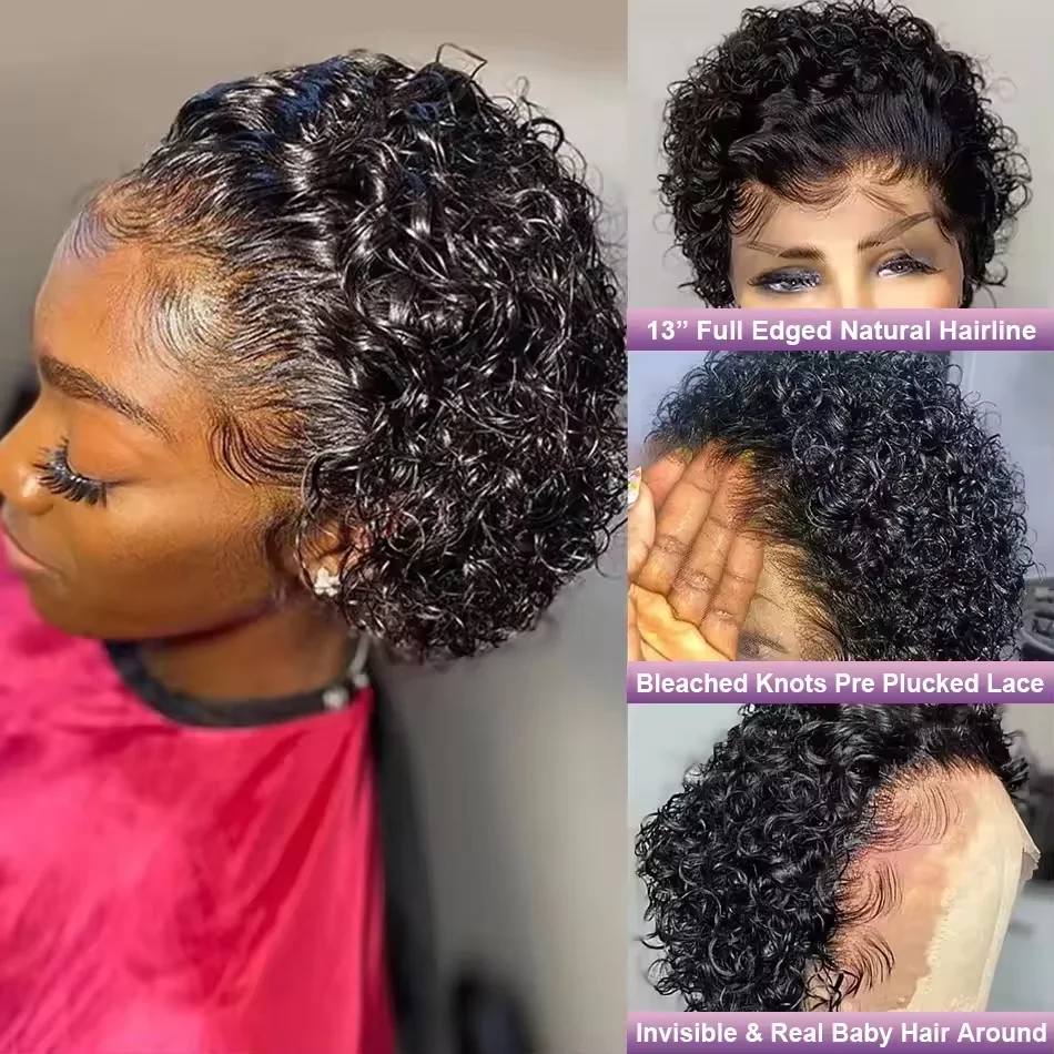 Pixie Cut Wig 13x1 Lace Frontal Wigs Curly Wave Short Bob Human Hair Wigs Natural Black Color Curly Lace Front Wig For Women