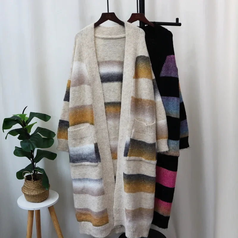 

Open Stitch Jumpers Pockets Spliced Long Sleeve V Neck Sweater Striped Knitted Cardigan Women Clothing Casual Loose Autumn