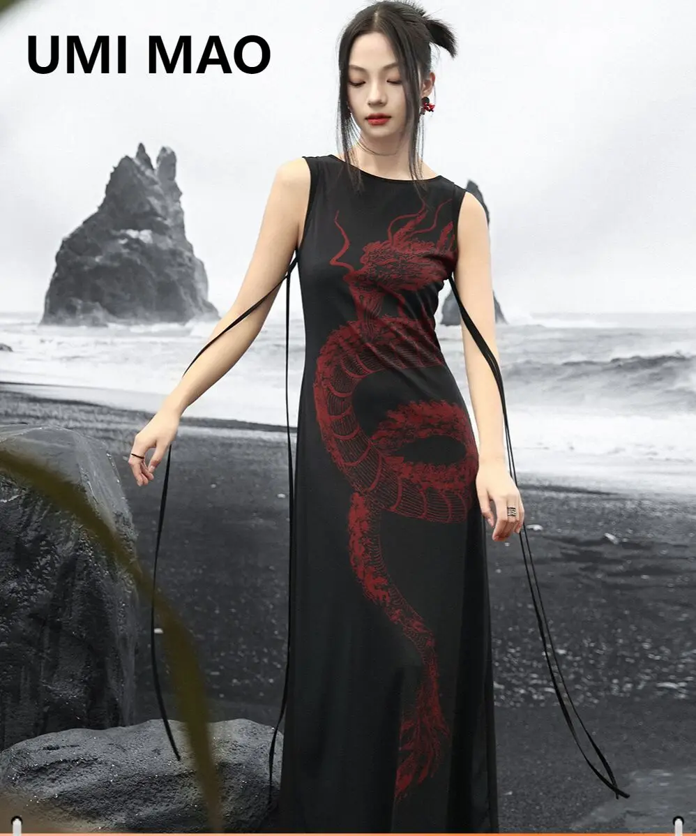 

UMI MAO Retro Red Dragon Print Dress Summer Women 2024 New Sleeveless Black Dress Femme Y2K