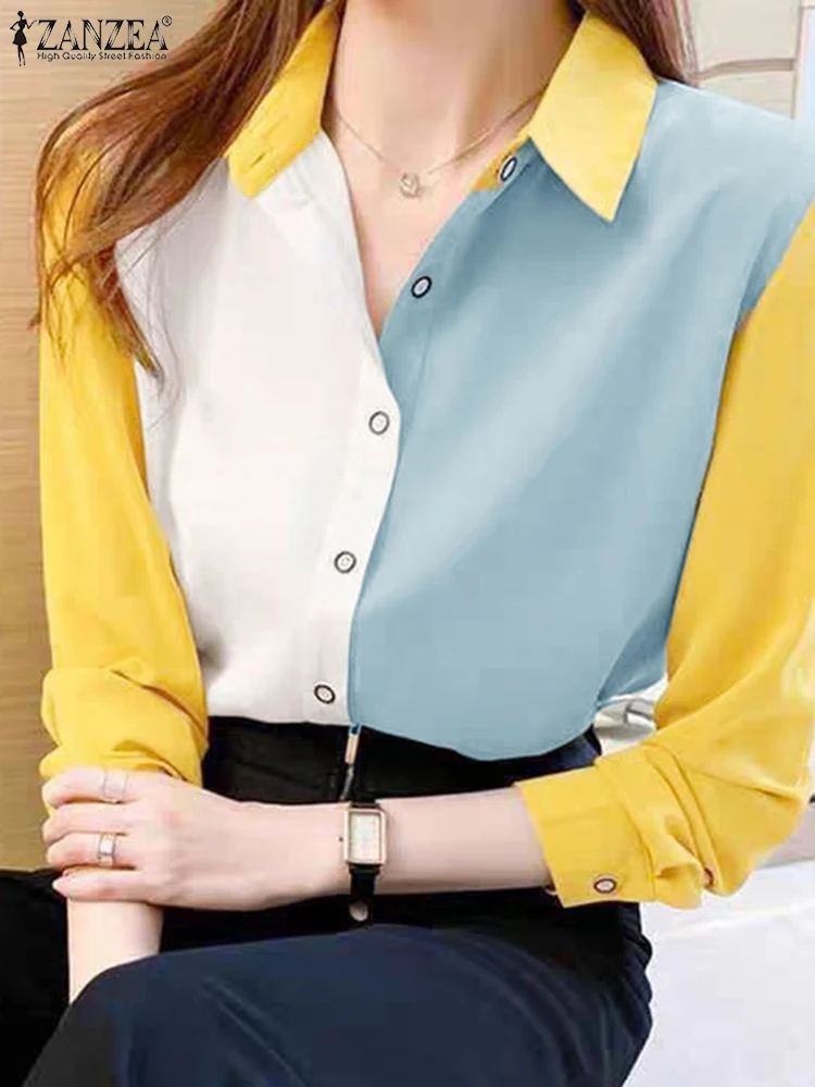 

Women Colorblock Shirts Fashion ZANZEA Korean Long Sleeve Tops Holiday Lapel Collar Tunic Casual Loose Office 2024 Autumn Blouse
