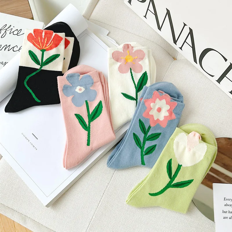 1 Pair Women Socks Japanese Korean Style Cartoon Flower Candy Color Harajuku Kawaii Mid Tube Socks Breathable Casual Short Socks image 2