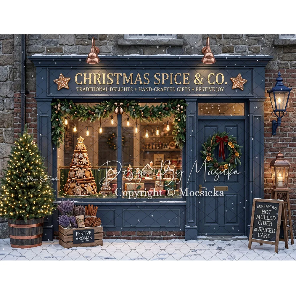 Mocsicka Christmas Gifts Shop Backdrop Photography Gingerbread Candy Cane Bakehouse Store Front Background Winter Family Photo view 2