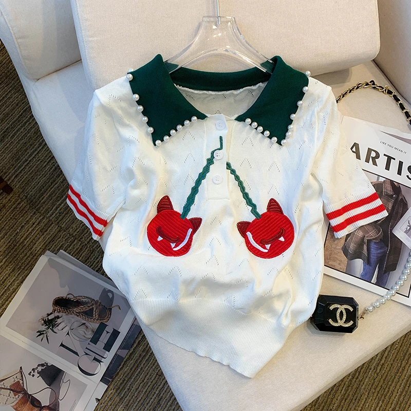 Summer Korean Lapel Embroidery Cherry Sweater Women's Knitted T-shirt Fashion Ice Silk Pullover Beaded Short Sleeve Knitwear Top