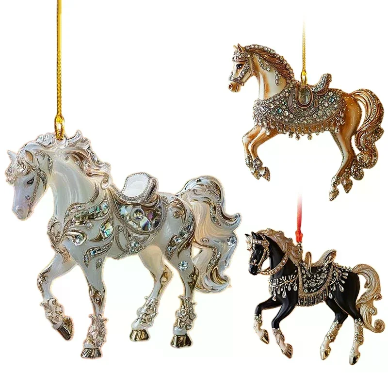 2D Acrylic Horse Car Rearview Mirror Pendant Charm Christmas Tree Ornament New Year Hanging Decoration
