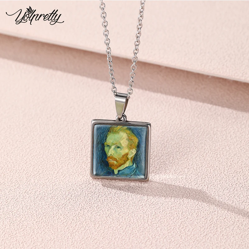 2023 New Van Gogh Starry Night Art Paintings Square Stainless Steel Necklace Glass Cabochon Pendants Necklace Jewelry