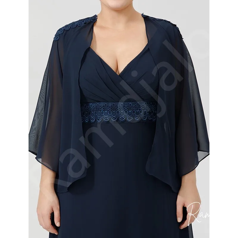 Customized Plus Size Mother of the Bride Dress Navy Chiffon Ankle Length with Sheer Capelet Lace Waist Wedding Attire for Women