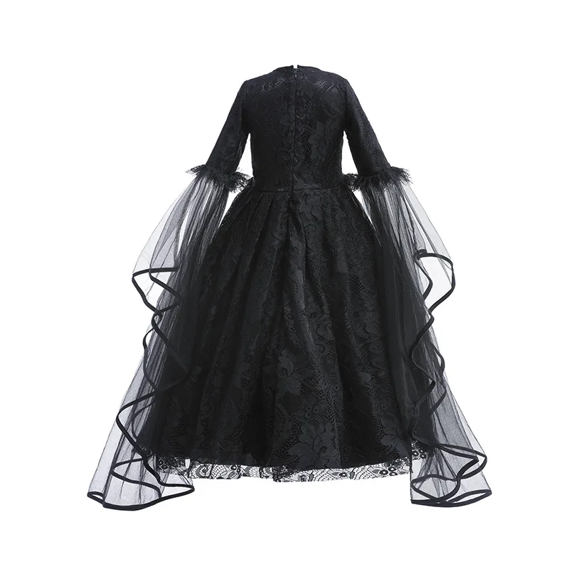 Girl Witch Dress Kids Long Sleeve Black Lace Gown Halloween Party Evil Role Playing Costume Carnival Cosplay Outfits